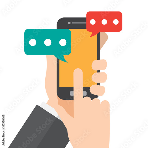 hand holds smartphone. texting , message or social communication. vector illustration.
