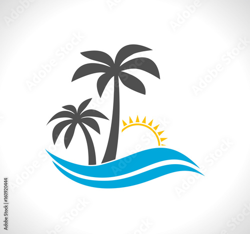 palm tree with wave and sun - tropical icon