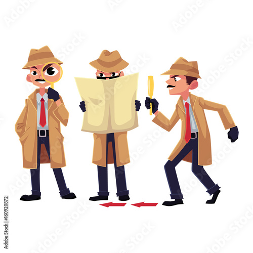 Detective character with magnifying glass, sleuthing, disguising, cartoon vector illustration isolated on white background. Funny detective character set