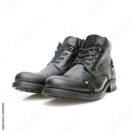 Black Boot on White Background, Isolated Product, Top View, Studio.