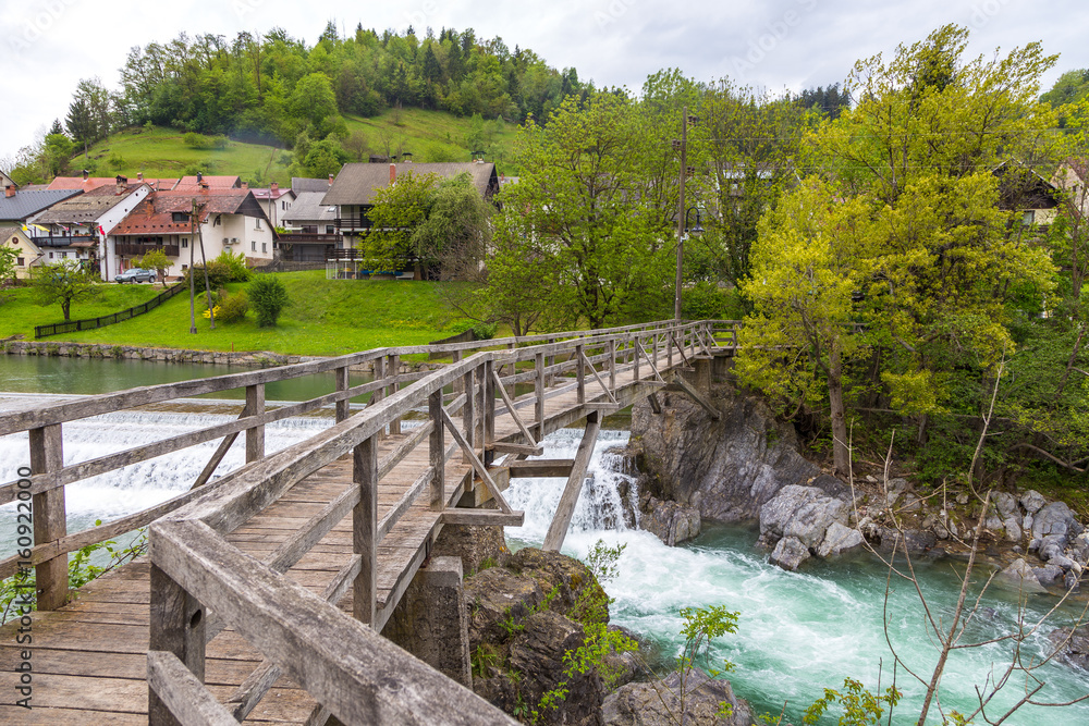 Fototapeta premium The Devil's Bridge, wooden footbridge in Skofja Loka, Slovenia
