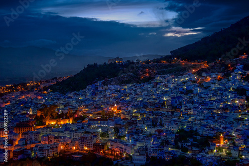 The city of Chefchaouen during blue hour. 