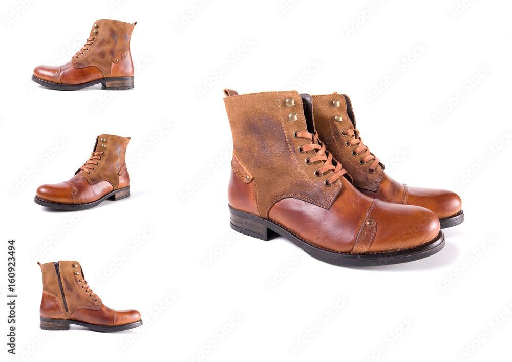 Brown Boot on White Background, Isolated Product, Top View, Studio. Brown Boot on White Background, Isolated Product, Top View, Studio.