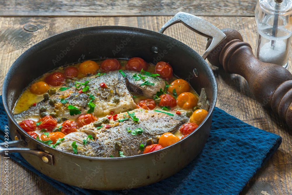 Italian style sea bream in crazy water - acqua pazza Italian style sea bream in crazy water - acqua pazza