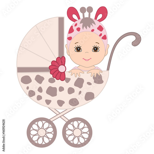 Vector Cute Baby in Giraffe Costume  Sitting in the Stroller.
