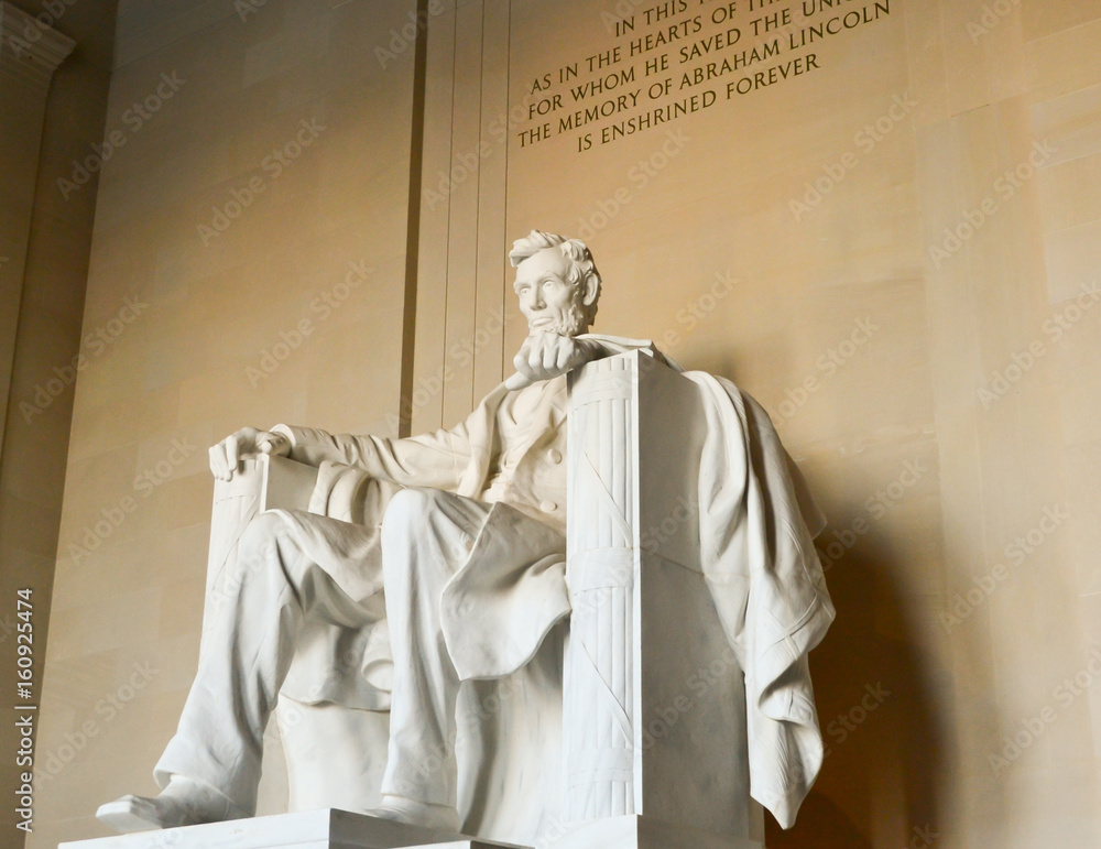 Statue of Abraham Lincoln with description in Memorial in Washington DC, USA 