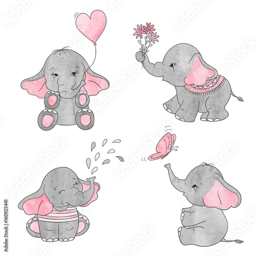 Set of cute cartoon baby elephants. Vector watercolor illustration. 