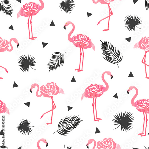 Seamless tropical trendy pattern with watercolor abstract flamingos, triangles and palm leaves. Vector summer background in pink and black colors.