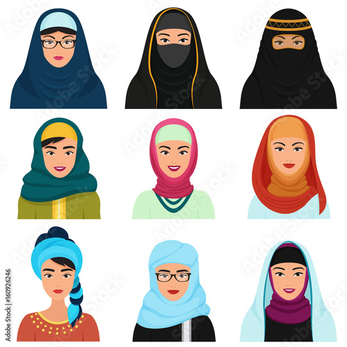 Middle Eastern female avatars set. Arabian muslim woman traditional hijab face collection.