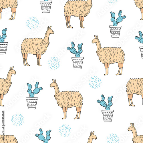 Seamless lamas and cactus pattern. Vector background.