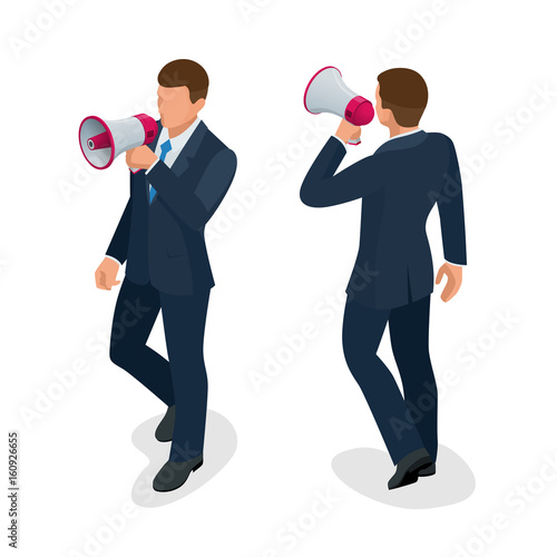 Isometric Man with loudspeaker flat vector illustration. Speaker or loudspeaker