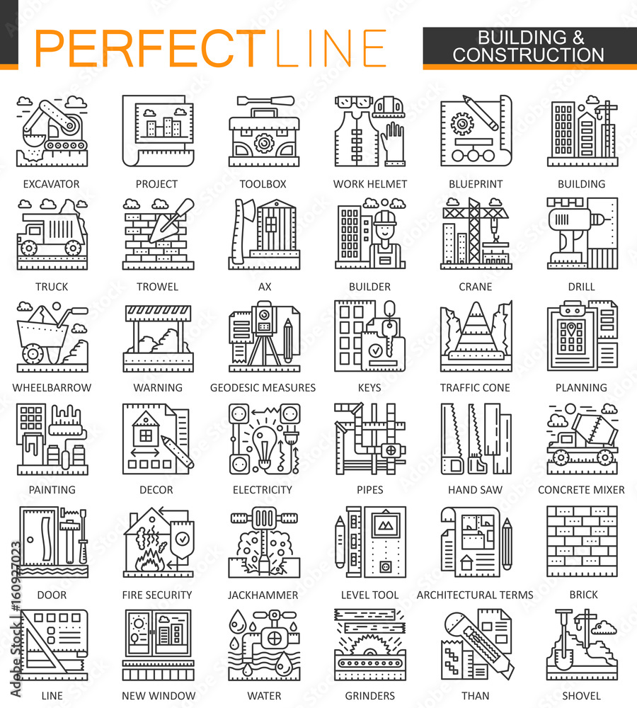 Building and construction outline mini concept symbols. Home repair tools modern stroke linear style illustrations set. Perfect thin line icons.