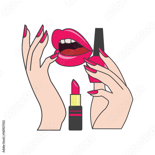 red lips and manicure nails . makeup and cosmetics, vector illustration