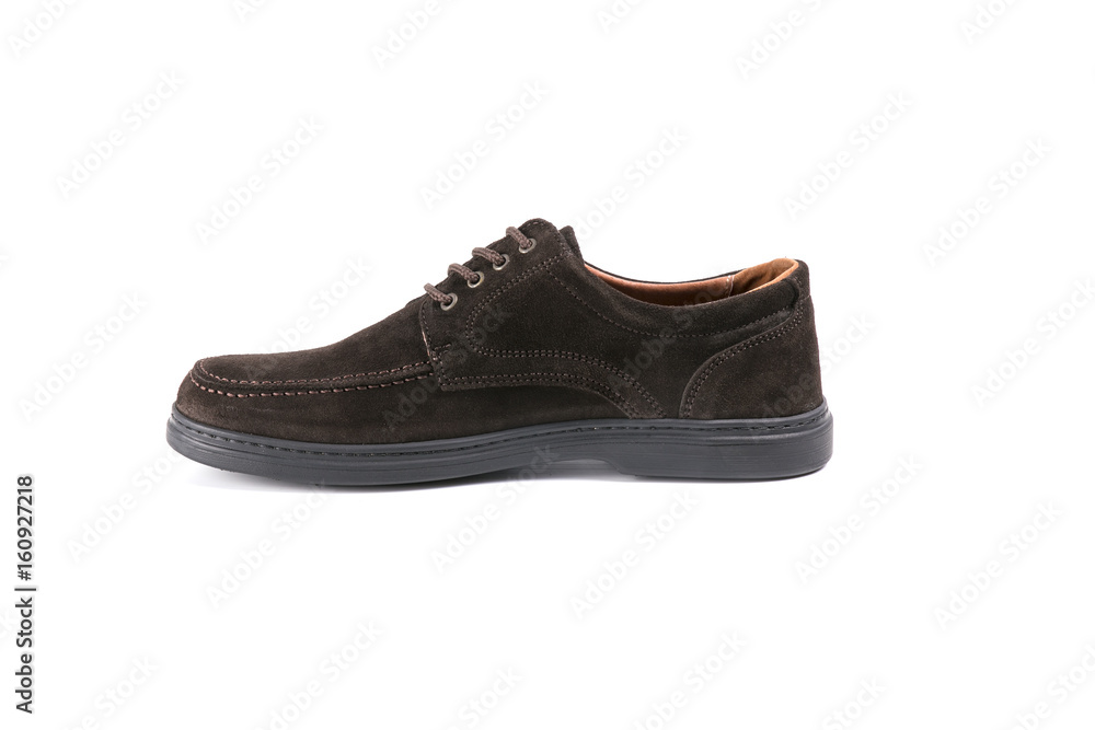 Male Brown Shoe on White Background, Isolated Product, Top View, Studio. Male Brown Shoe on White Background, Isolated Product, Top View, Studio.