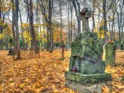 Obraz w ramie Warsaw, Poland - October 31, 2016: Stone tombs in the Orthodox cemetery in Warsaw, Autumn