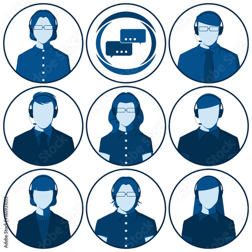 Customer service representative - set of flat vector avatars of men and women with headset. Male and female silhouettes of call center operators for user profile picture.