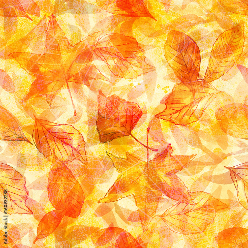 Abstract seamless pattern with golden watercolour leaves