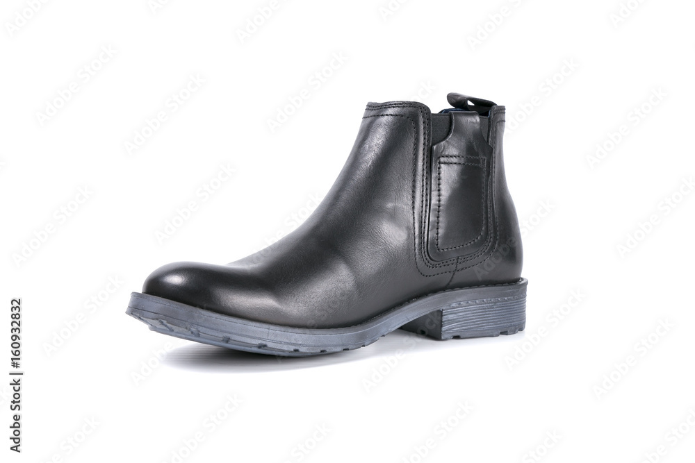 Male Black Shoe on White Background, Isolated Product, Top View, Studio. Male Black Shoe on White Background, Isolated Product, Top View, Studio.