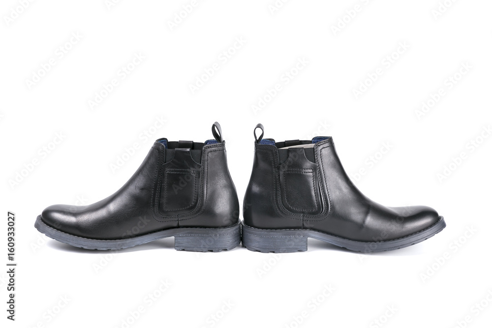 Male Black Shoe on White Background, Isolated Product, Top View, Studio. Male Black Shoe on White Background, Isolated Product, Top View, Studio.