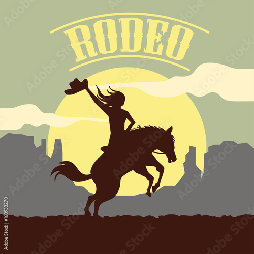 rodeo poster with cowgirl silhouette riding on wild horse and bull. vector illustration
