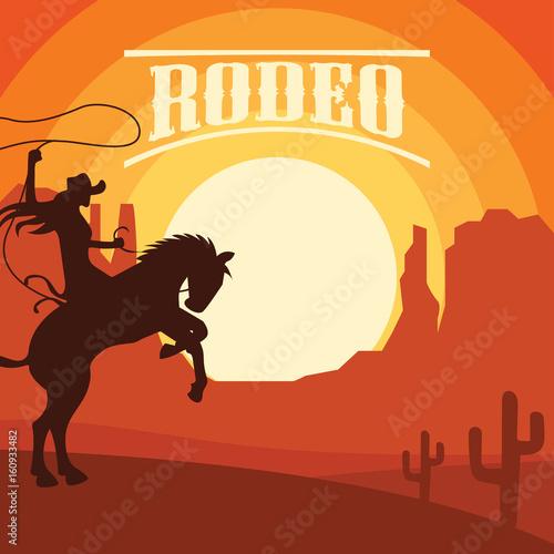 rodeo poster with cowgirl silhouette riding on wild horse and bull. vector illustration © sultan