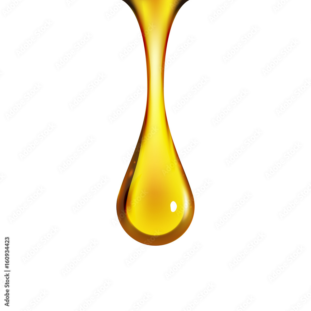 Golden oil drop isolated on white. Olive or fuel gold oil droplet