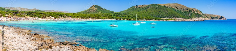 Beautiful seascape panorama of beach Cala Agulla on Majorca island Spain - obrazy, fototapety, plakaty 