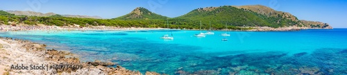 Beautiful seascape panorama of beach Cala Agulla on Majorca island Spain