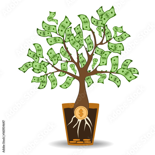 Money tree growing from a coin root. Green cash banknotes tree in ceramic pot. Modern flat style concept vector illustration