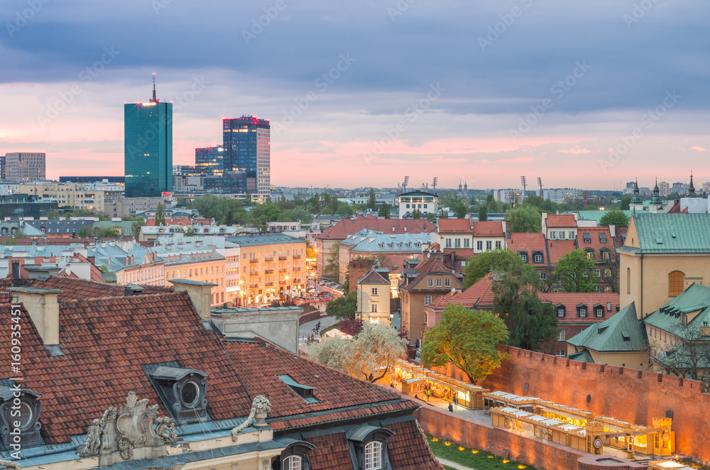 Warsaw, Poland, panorama of city center with modern skyscrapers and old city walls
