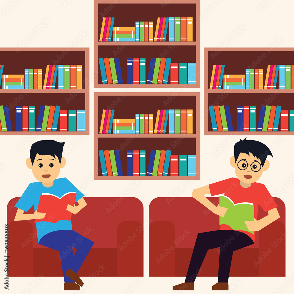 men in a library, working, reading a book. vector illustration