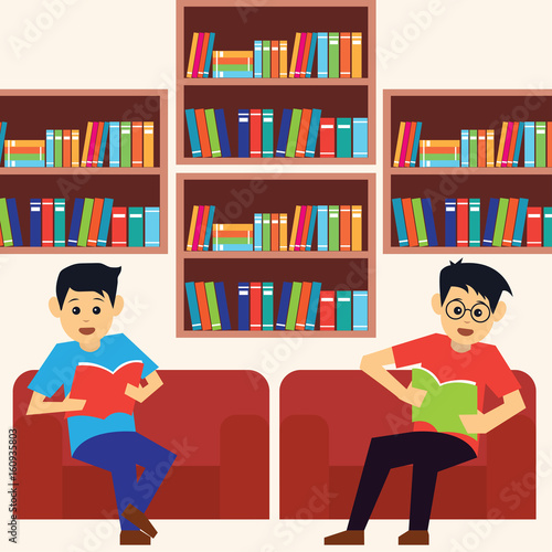 men in a library, working, reading a book. vector illustration