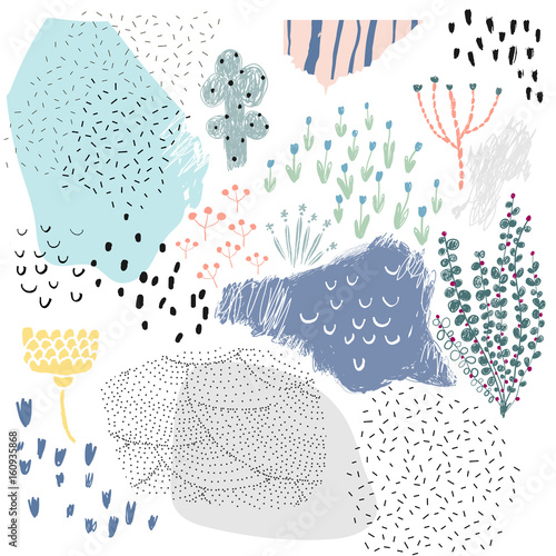 Creative universal artistic floral background. Hand Drawn textures. Trendy Graphic Design for banner, poster, card, cover, invitation, placard, brochure or header.