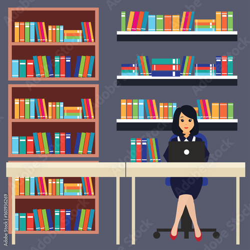 woman in a library, working, reading a book. vector illustration