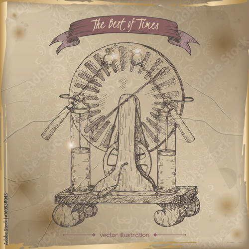 Antique electricity generator model sketch placed on old paper background.