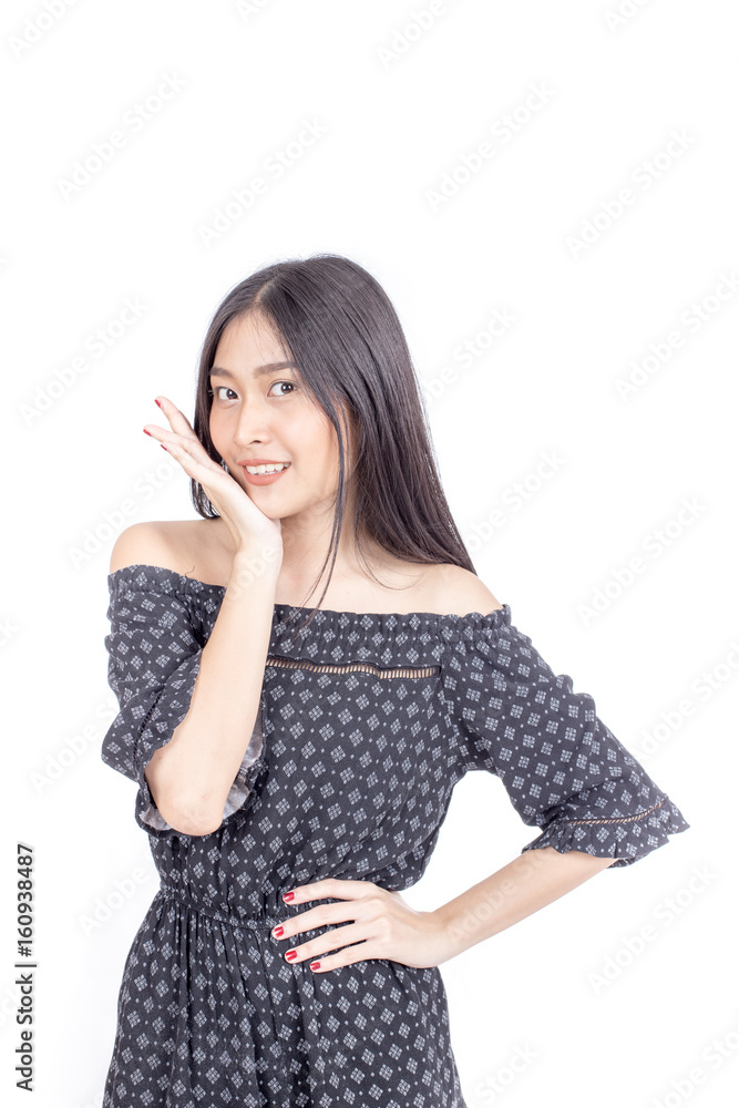 Young asian showing her beautiful face after makeup finished, isolated on white background. Young asian showing her beautiful face after makeup finished, isolated on white background.