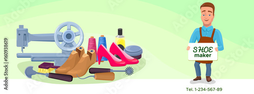 Shoemaker cartoon character banner or poster with cobbler tools set colorful vector illustration including carpenter repair instruments, shoe machines, boots, sewing machine, glue, threads, brushes