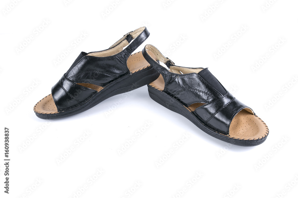 Female Black Sandal on White Background, Isolated Product, Top View, Studio.