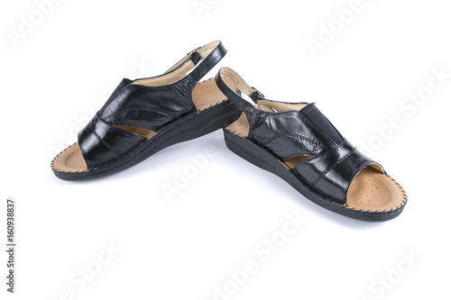 Female Black Sandal on White Background, Isolated Product, Top View, Studio.