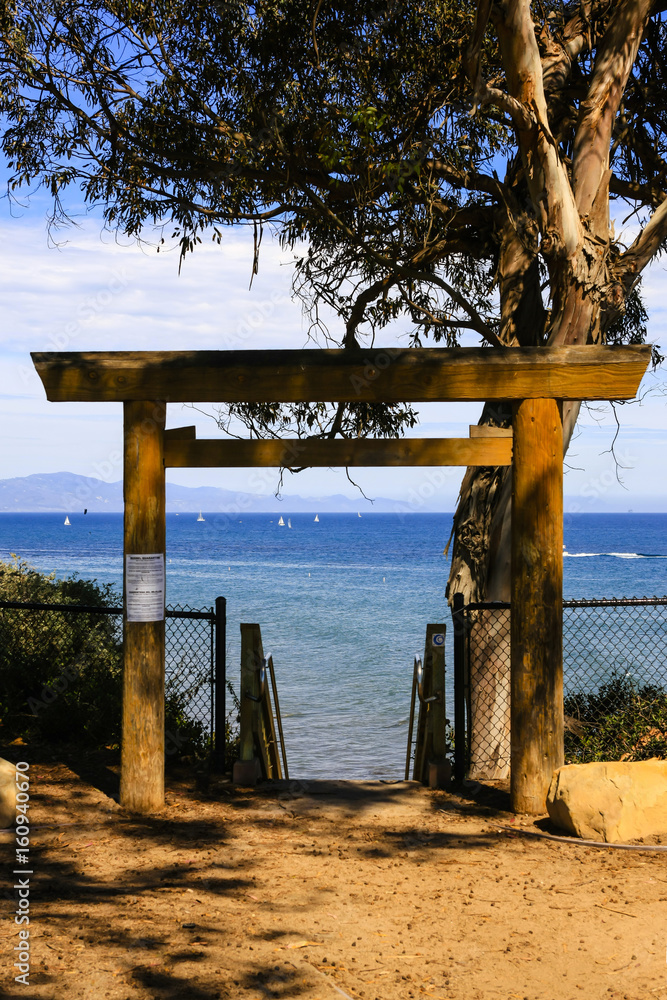 Japanese shinto gateway leading down to Leadbetter Beach in Santa Barbara CA, USA