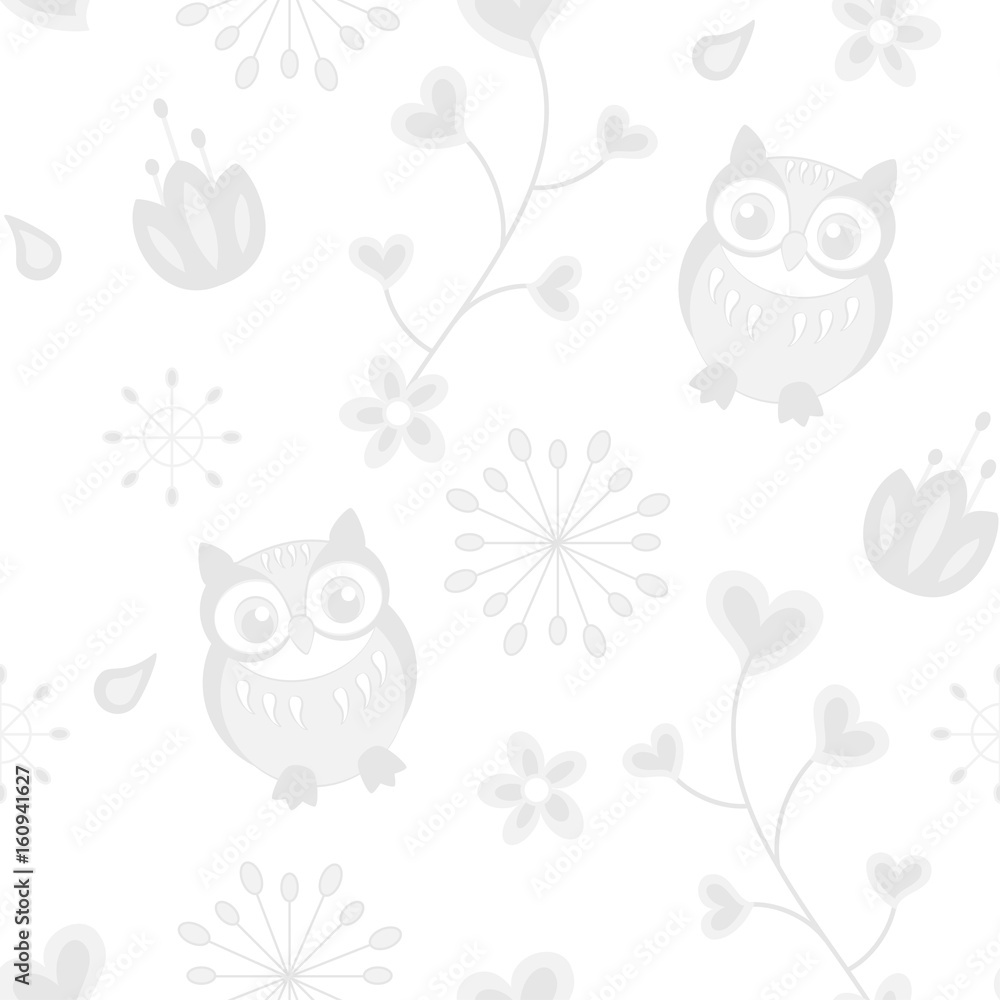 Floral ornament with owl and hearts in retro style for postcards, backgrounds, children illustrations. Grey on a white background.