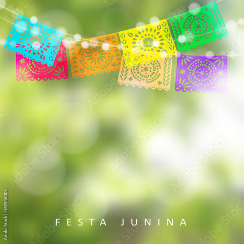 Brazilian Festa Junina or Midsummer greeting card, invitation. Garden party decoration, string of lights, paper flags. Modern blurred background. Vector illustration.