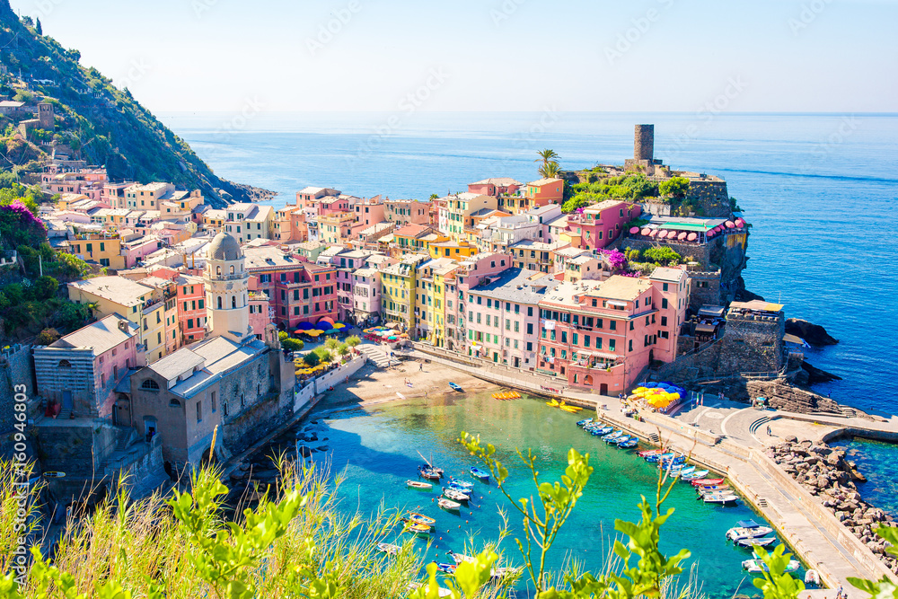 Beautiful view of Vernazza from above. One of five famous colorful villages of Cinque Terre National Park in Italy