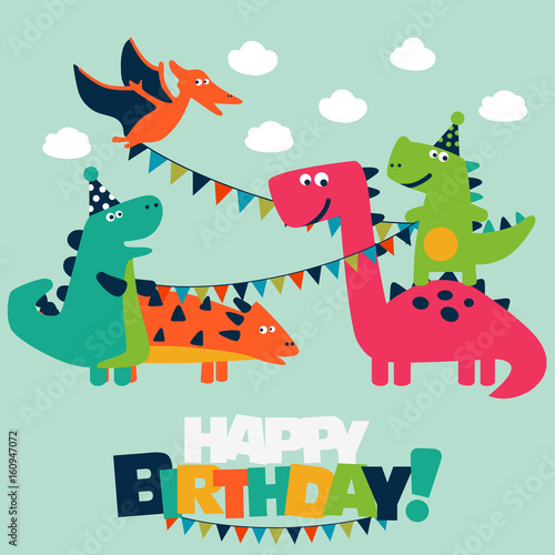 Happy birthday - lovely vector card with funny dinosaurs. Ideal for cards  logo  invitations  party  banners  kindergarten  preschool and children room decoration