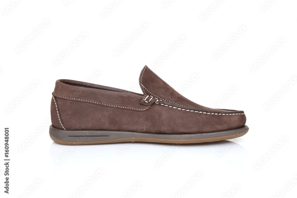 Male Brown Shoe on White Background, Isolated Product, Top View, Studio. Male Brown Shoe on White Background, Isolated Product, Top View, Studio.