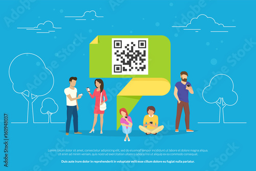 QR symbol concept vector illustration of people using mobile smartphones for online ordering and purchasing goods scanning qr-code on promo banners outdoors. Flat guys and women near green origami pin