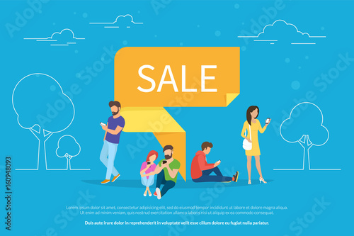 Sale pin symbol concept vector illustration of people using mobile gadgets such as digital tablet and smartphone for online ordering and purchasing goods. Flat guys and women near yellow origami pin
