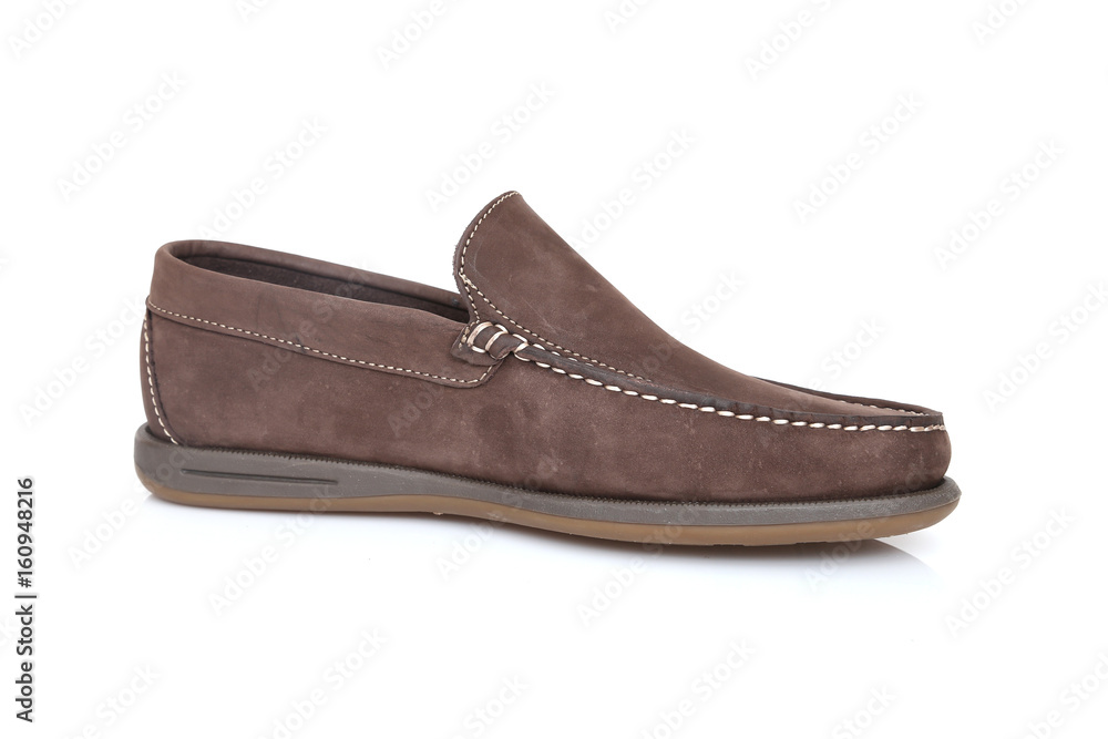 Male Brown Shoe on White Background, Isolated Product, Top View, Studio. Male Brown Shoe on White Background, Isolated Product, Top View, Studio.