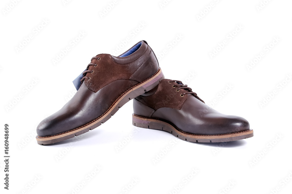 Male Brown Shoe on White Background, Isolated Product, Top View, Studio. Male Brown Shoe on White Background, Isolated Product, Top View, Studio.