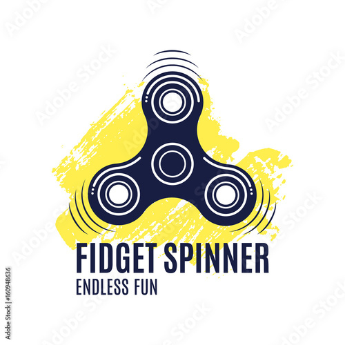 Fidget spinner stress relief toy vector label on yellow brush stroke. Isolated on white background
